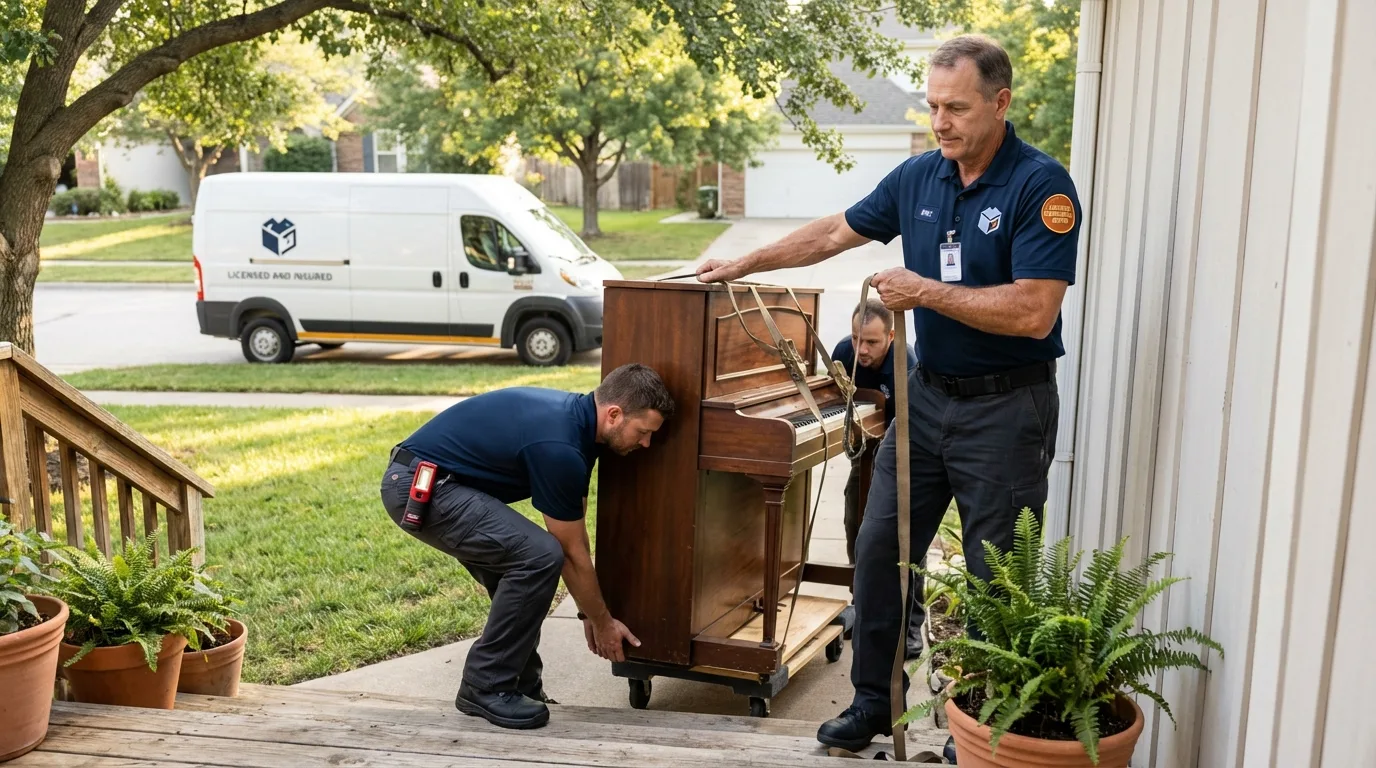 Licensed piano movers securing grand piano in Payne, OH