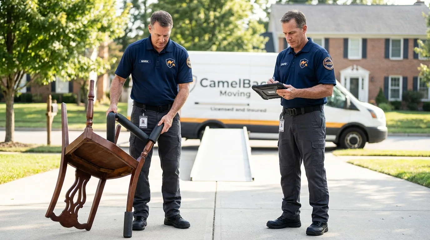 Movers inspecting furniture for damage prevention before loading in Payne, OH