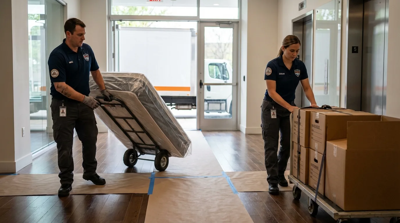 Professional apartment movers loading elevator in Payne, OH
