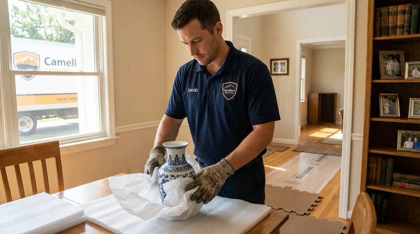 Professional crew carefully wrapping antique vase for senior downsizing move in Payne, OH